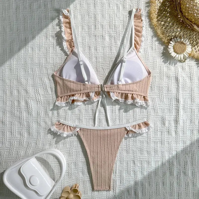 Cikini Cute Women Patchwork Ruffle Trim Bikini Set, Solid Color Summer Beach Swimwear Bathing Suit - Chrissy's Eye