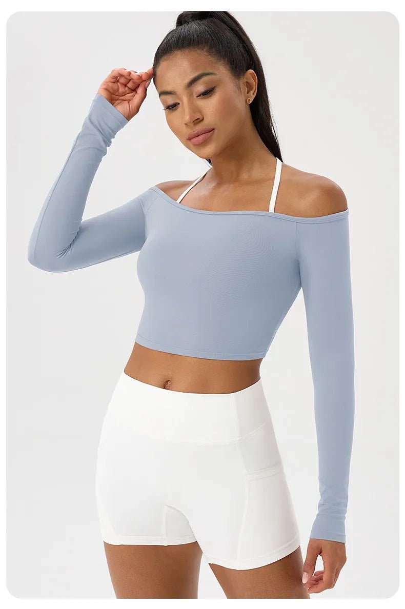 Women Sexy Off Shoulder Yoga Top Long Sleeve Gym Running Top Solid Quick-Dry Sport Workout Shirt - Chrissy's Eye