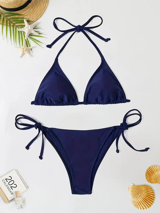 2Pcs Swimwear Thong Bikini Set Sexy New Navy Blue Swimsuits Woman Sexy Bathing Suits Bikinis Triangle Bandage Female Beachwear - Chrissy's Eye