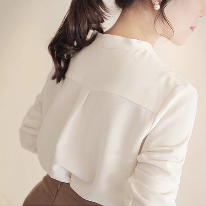 Korean Solid Color V-neck Long Sleeve Lady Chiffon Shirt Spring Autumn Elegant Simple Loose Fit Women's Commuting Shirt New 128 - Chrissy's Eye