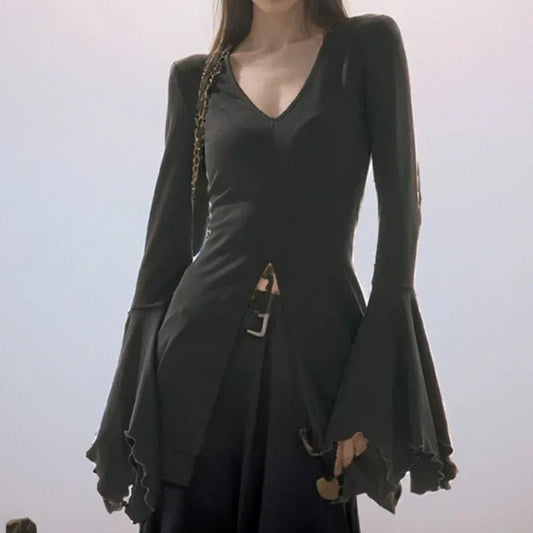 Goth Dark Fairy Grunge Flare Sleeve V-neck T-shirts Gothic Split Sexy Lettuce Hem Female Blouses Y2k Black Slim Fashion Alt Tops - Chrissy's Eye
