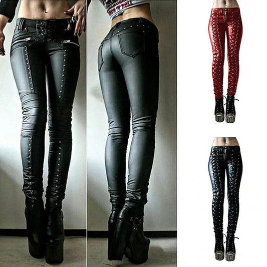 Medieval European Women Pants Faux Leather Cosplay Pants Women Carnival Party Retro Pants Steampunk Tight Skinny Button Trousers - Chrissy's Eye