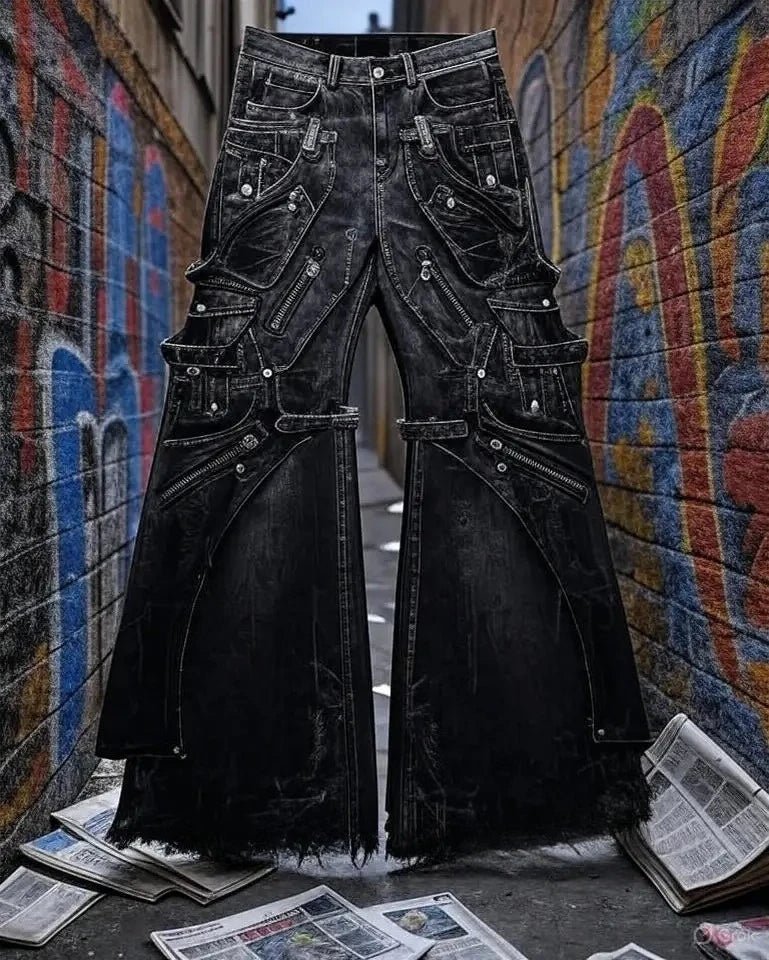 Streetwear Goth Punk Multi-Pocket Cargo Jeans Mens Black Distressed Flared Denim Pants with Straps Zippers Studs Frayed Edges - Chrissy's Eye