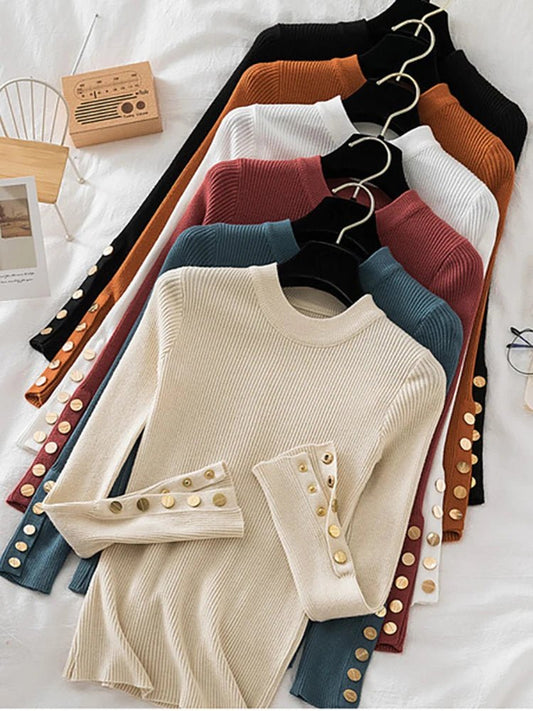 2025 women thick sweater pullovers khaki casual autumn winter button o-neck chic sweater female slim knit top soft jumper tops - Chrissy's Eye
