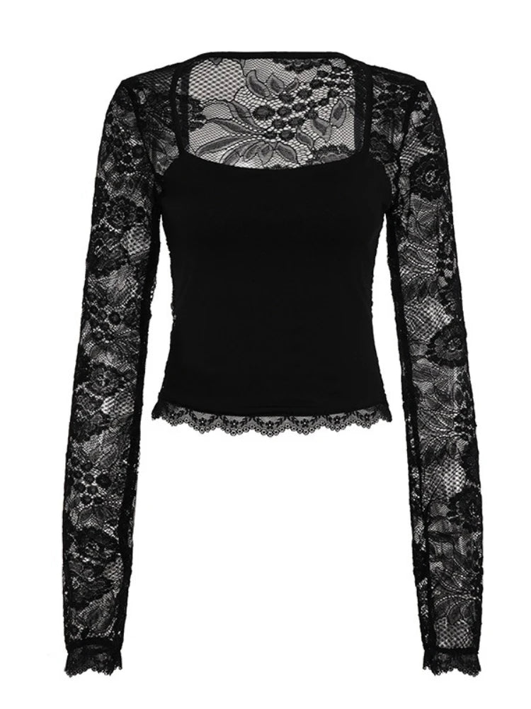 SsTss Solid Slim Sheer Lace Top for Women Fashion Hollow Out Long Sleeve Square Neck Slim Stretch Basic Crop T Shirt for Dating - Chrissy's Eye