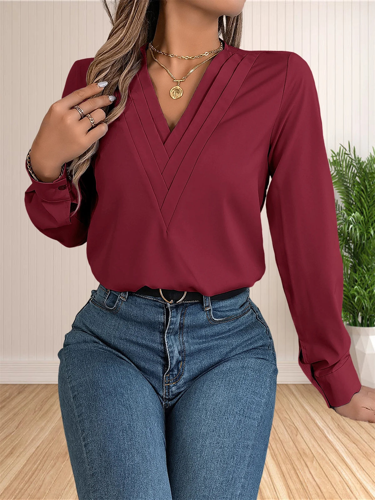 Women's Elegant Business Office Blouse Layered V Neck Long Sleeve Dressy Shirts Work Tops - Chrissy's Eye