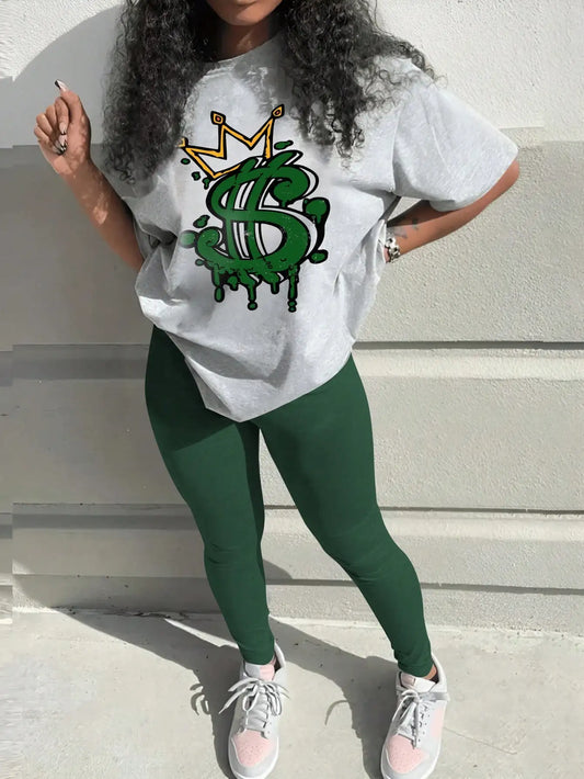 Crown Letter Print Pants Set Y2K Summer Round Neck Graphic Short Sleeve T-shirt & Skinny Pants Suit 2 Piece Sets Women Outfit - Chrissy's Eye