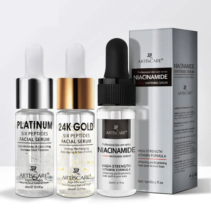 ARTISCARE Nicotinamide + Platinum + 24k Gold Six Peptides Serum 3pcs Moisturizing Smoothing Essence for Face Care - Chrissy's Eye
