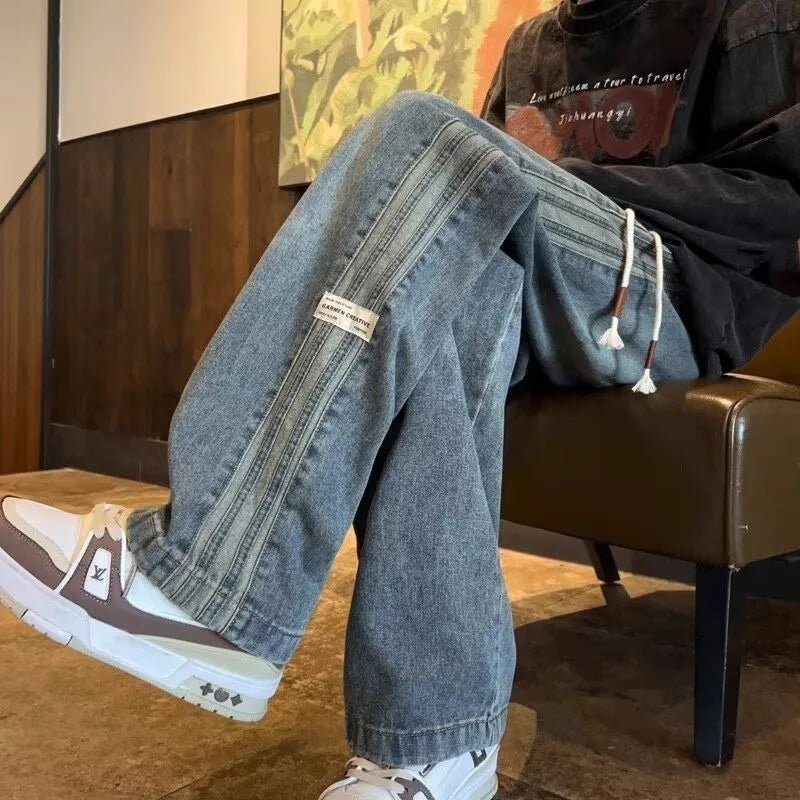 Three bar American retro jeans men's spring and autumn new style high street elastic waist loose casual men's straight leg long - Chrissy's Eye