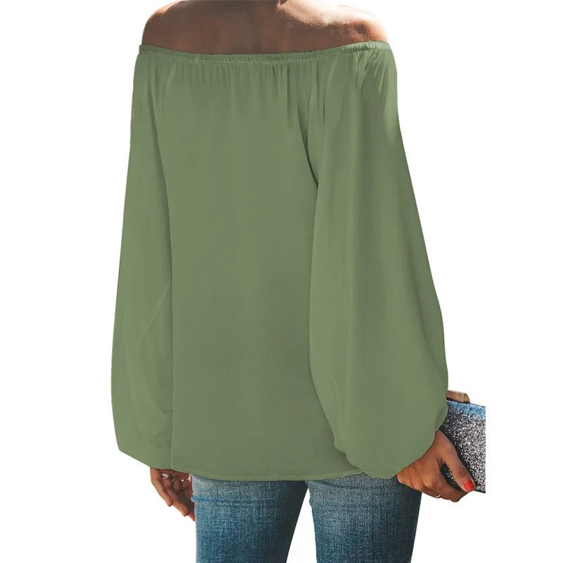 2024 off-shoulder tops for women autumn new one-shoulder solid color lantern sleeves loose long-sleeved T-shirt - Chrissy's Eye