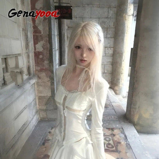 Genayooa Y2k Fairycore T Shirt Women Lace Patchwork Crop Tops Streetwear Japanese 2000s Grunge Tops E-girls Aesthetic Tshirts - Chrissy's Eye