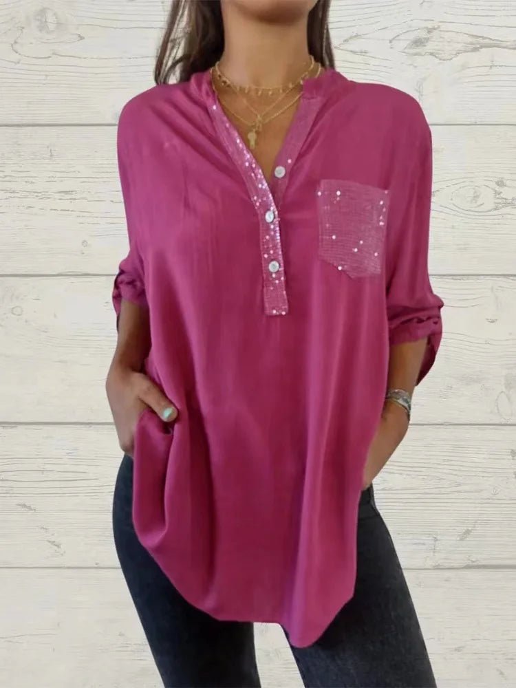 Autumn Sparkling Pocket Button Shirt Office Women's V-Neck Long Sleeved Blouse Casual Every Day Top Clothes - Chrissy's Eye
