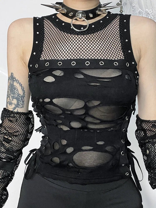 AltGoth Mall Gothic Vest Women Sexy Hole See Through Lace-up Crop Tank Tops Streetwear Cyber Punk New Fashion Rave Outfits Femme - Chrissy's Eye