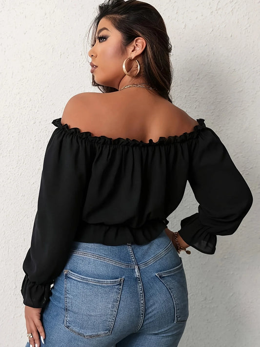 Plus Size Elegant Shoulderless Shirt for Women European and American Style Casual Curve Clothing Vacation Solid Long Sleeve Tops - Chrissy's Eye