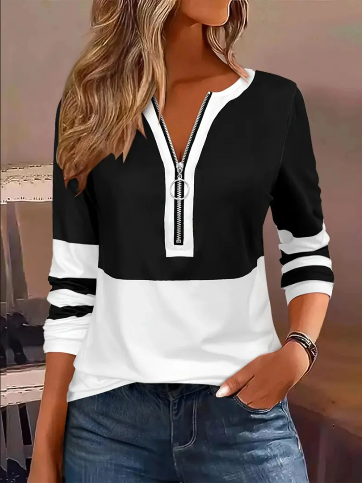 Plus Size Long Sleeve T-Shirt with Geometric Stripes & Color Block Ring Zipper Detail - Chrissy's Eye
