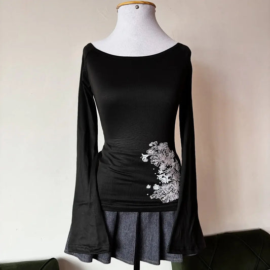 European and American Fashion New Floral Print Round Neck Long Sleeve Slim Fit Shirt Top Black Fine Striped T-Shirt - Chrissy's Eye