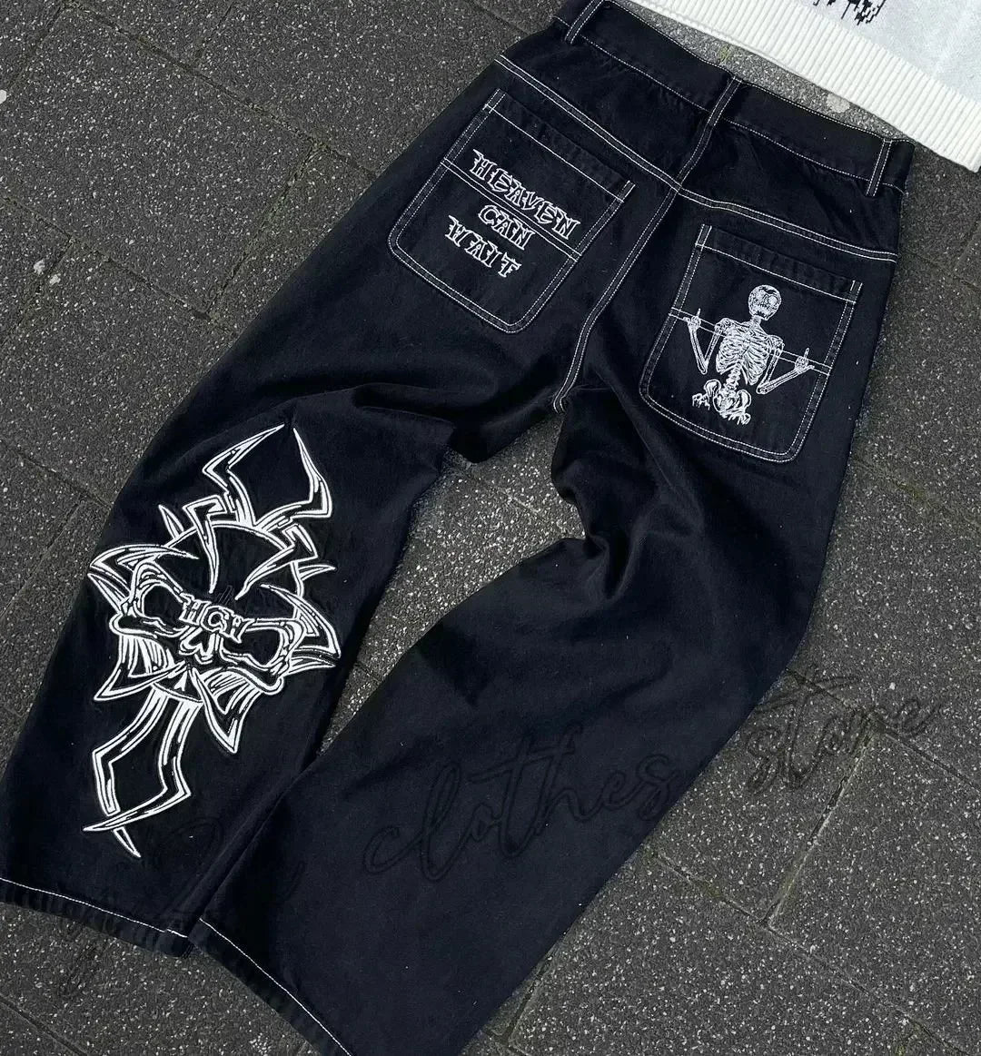 Street Fashion Trend Skull Embroidered Jeans Women Harajuku Y2K New Hip Hop Joker Straight Wide-leg Pants Couple Casual Jeans - Chrissy's Eye