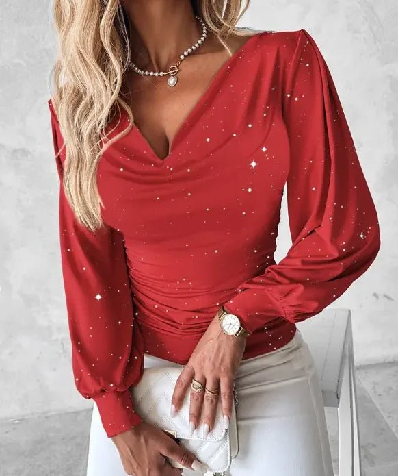 Elegant Red Sequin Blouse with Long Sleeves and Ruched Waist - Polyester Knit Fabric Perfect for Spring/Summer/Fall Stylish Bl - Chrissy's Eye