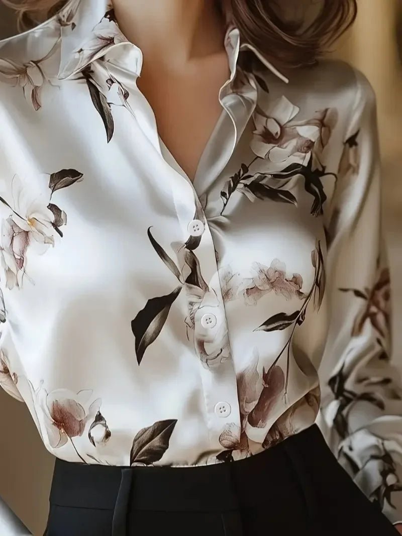 Elegant Intellectual Women's Satin Floral Print Shirt | Soft & Smooth V-Neck Long-Sleeve Button Formal Top for Spring - Chrissy's Eye