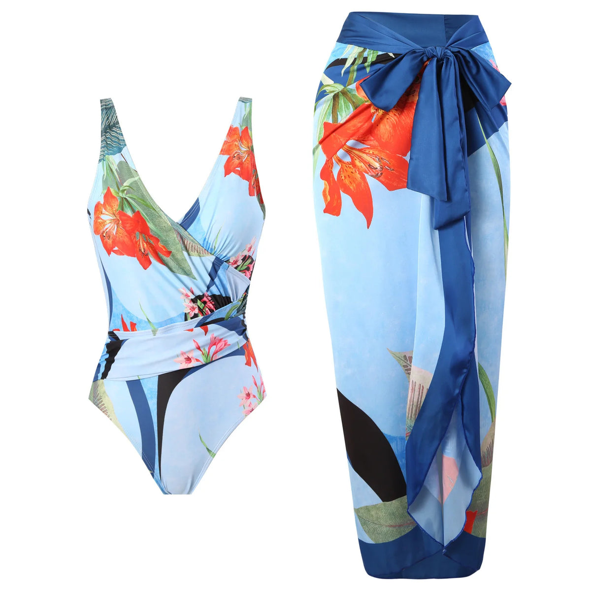 2 Pieces Retro Printed Swimsuit With Cover Up Sexy Women Swimwear 2025 V Neck Bikinis Female Biquini 3XL Bodysuit Beachwear - Chrissy's Eye
