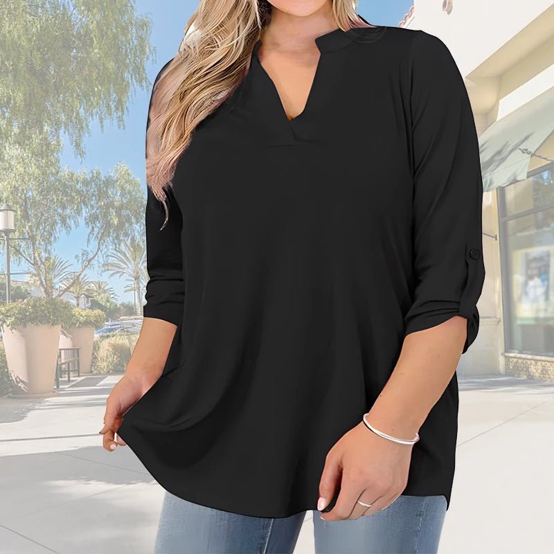 2025 New Women's Plus Size Summer Casual V-Neck Button-Front Blouse - Elegant Loose Fit Short Sleeve Machine Washable Solid - Chrissy's Eye