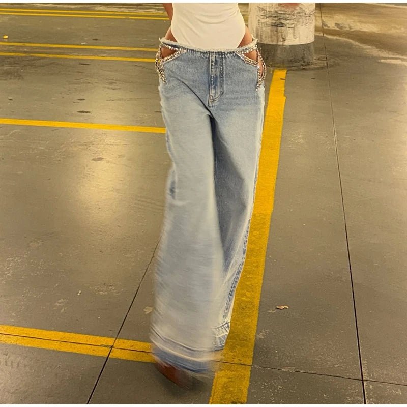 Low-Rise Raw Hem Rhinestone Star Cut-Out Jeans Baggy Wide Leg 2026 Summer Chic Women Denim Pants Causal Versatile Lady Bottoms - Chrissy's Eye