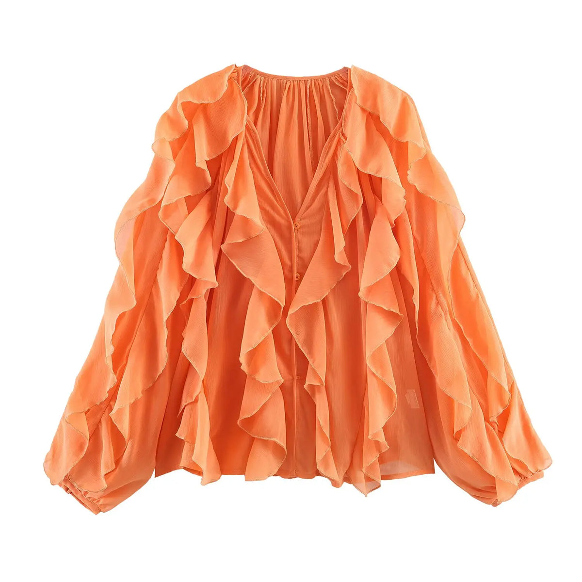 2026 Summer Chic Women's Elegant Loose Long Sleeve Layered Shirts Office Lady Vintage V-neck Translucent Tierred Ruffles Blouses - Chrissy's Eye