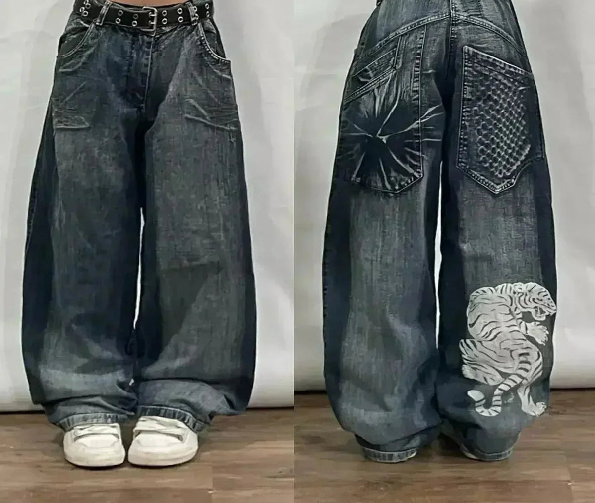 Street Fashion Trend Skull Embroidered Jeans Women Harajuku Y2K New Hip Hop Joker Straight Wide-leg Pants Couple Casual Jeans - Chrissy's Eye