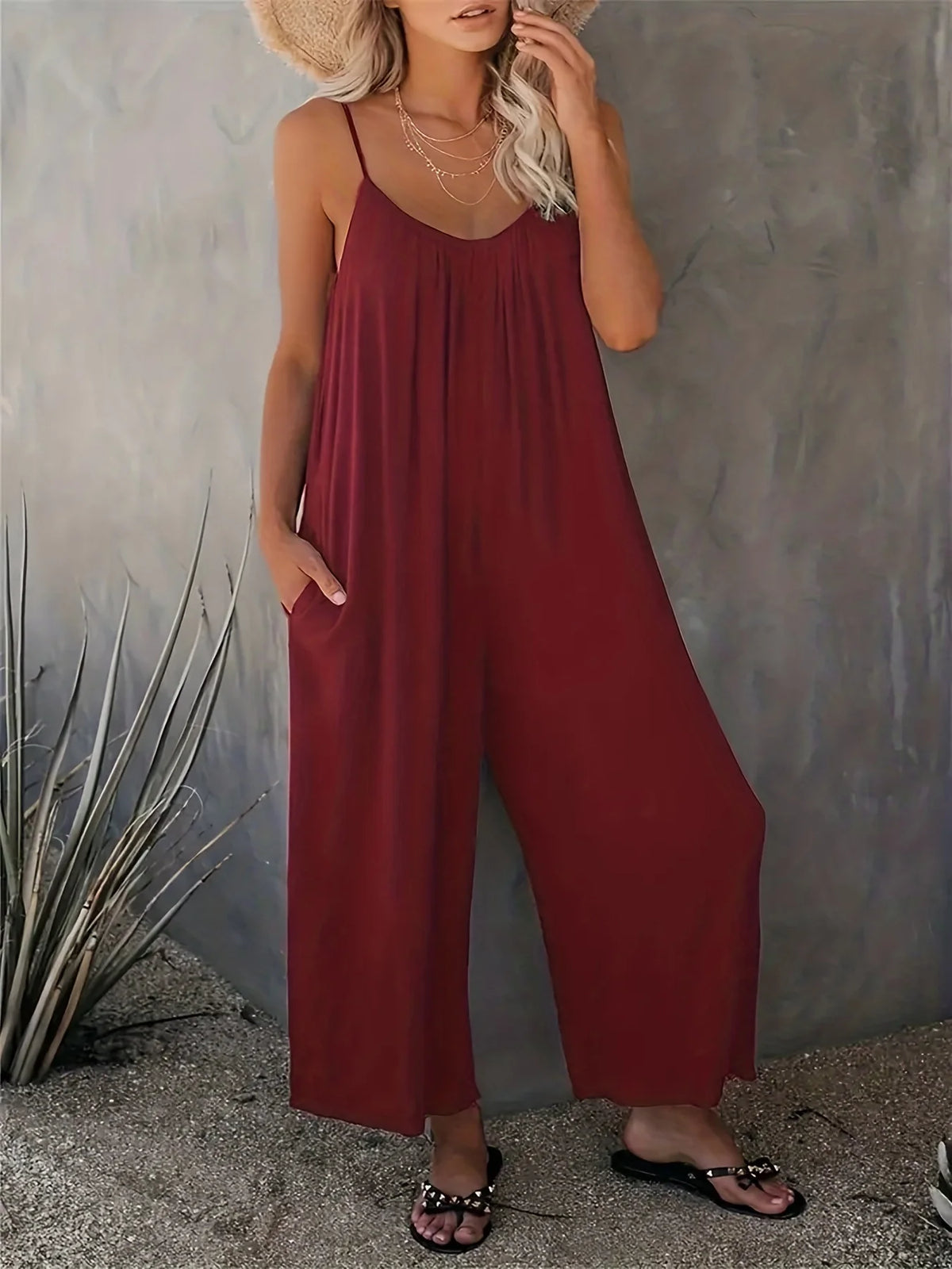 Plus Size Women's 2025 Summer Jumpsuit - Sleeveless Wide Leg Romper with Side Pockets, Casual One Piece Outfit - Chrissy's Eye