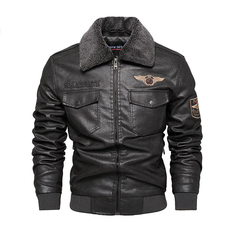 Men's Fleece Fur Collar Windbreaker Coat, Pu Jacket, Thick Warm Cashmere Military Bomber - Chrissy's Eye