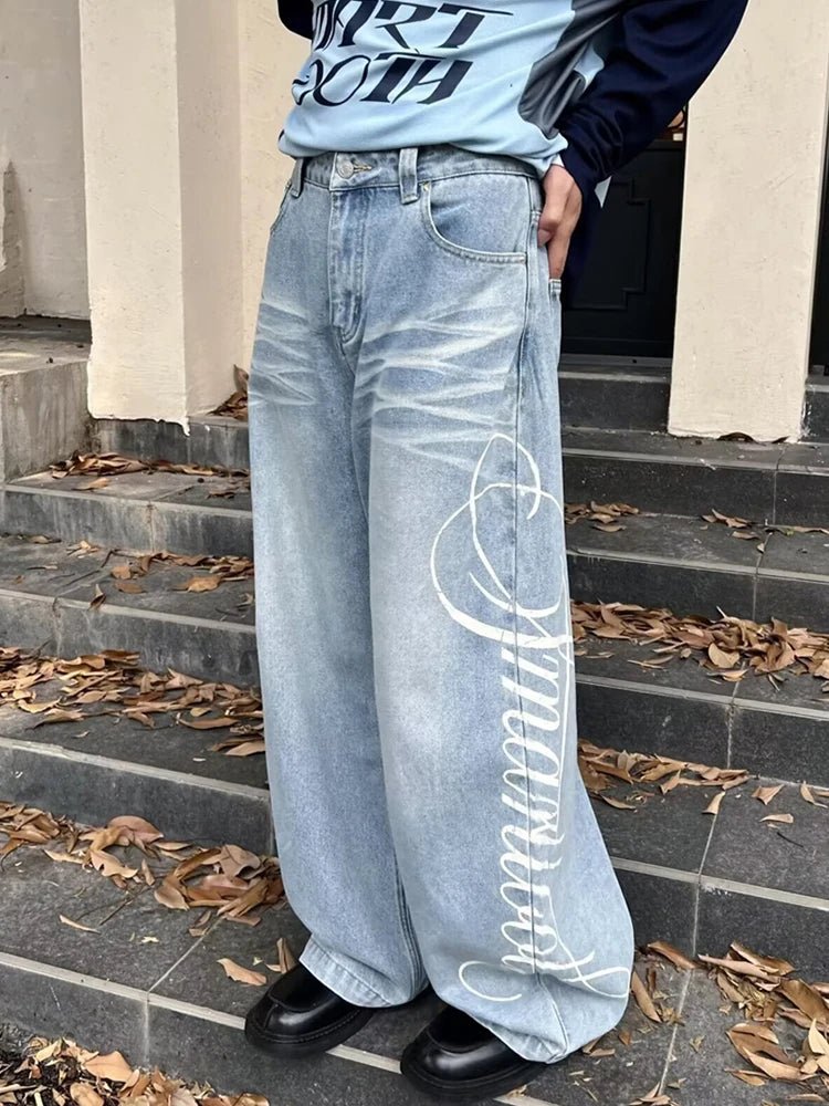 Autumn Men's Letter Printed Straight-Leg Baggy Jeans Hip Hop Fashion Washed Denim Pantalones American Retro Y2K Streetwear Jean - Chrissy's Eye