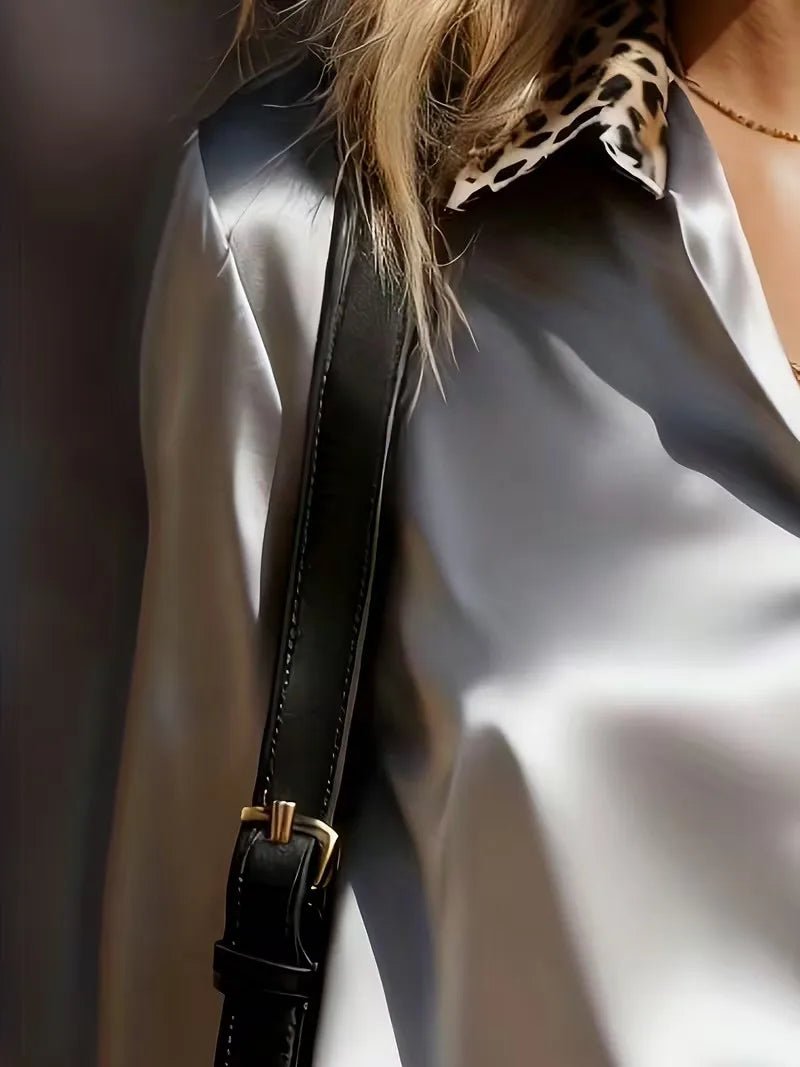 Leopard Collar & Cuff Satin Blouse for Women - White Long Sleeve Button Down Silk-Like Top Office to Evening Chic Shirt blouse - Chrissy's Eye