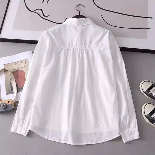 Pure Cotton White Shirts Women Turn Down Collar Embroidered Long Sleeve Casual Tops Little blue flower - Chrissy's Eye