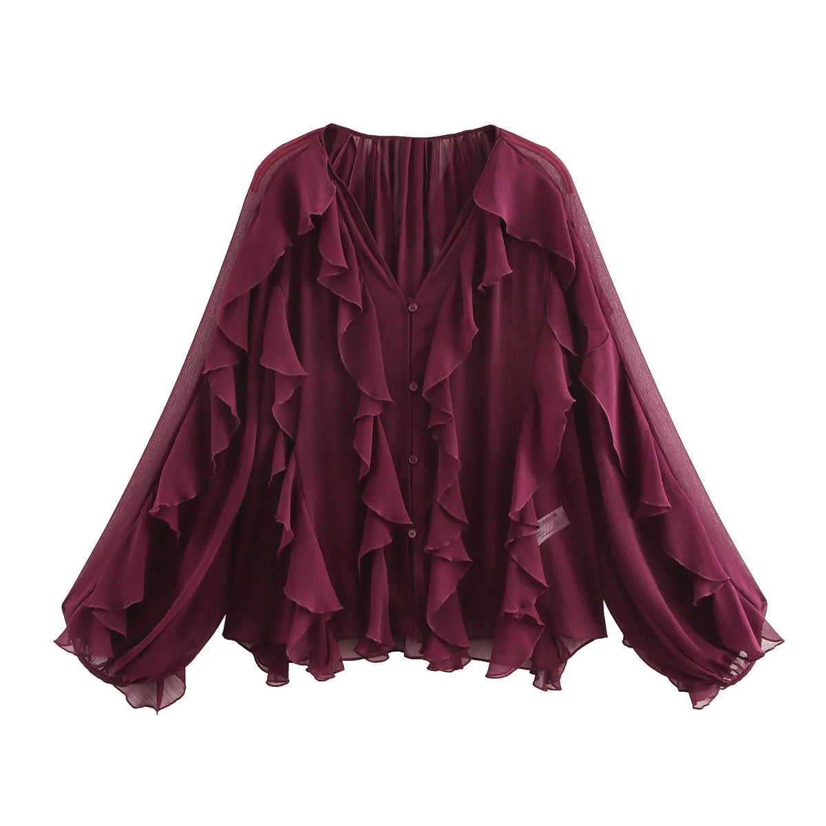 2026 Summer Chic Women's Elegant Loose Long Sleeve Layered Shirts Office Lady Vintage V-neck Translucent Tierred Ruffles Blouses - Chrissy's Eye