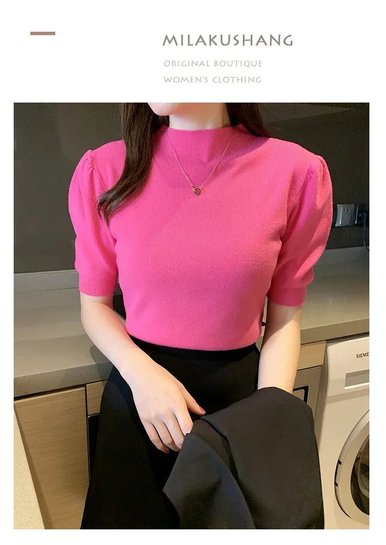Puff Sleeve Knit Top with Half Turtleneck - Chrissy's Eye