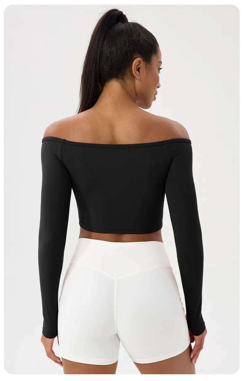 Women Sexy Off Shoulder Yoga Top Long Sleeve Gym Running Top Solid Quick-Dry Sport Workout Shirt - Chrissy's Eye
