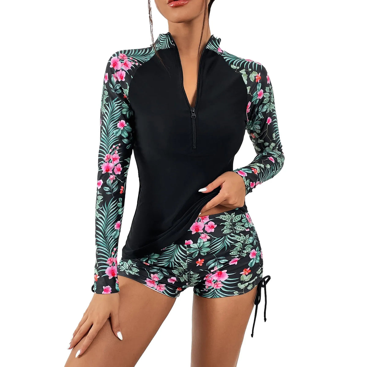 Sunblock Bikinis Sets Women Fashion Round Neck Split Bikini With Drawstring Leaf Print Long Sleeve Surfing Swimsuit With Zipper - Chrissy's Eye