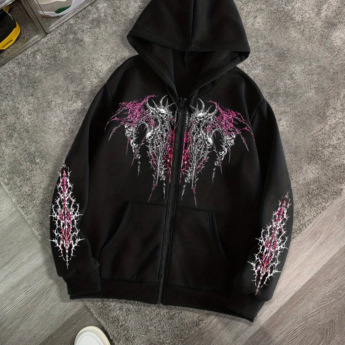 Men's Gothic Dark Print Zipper Hooded Casual Sports Sweatshirt Zipper Jacket Autumn and Winter New Casual Retro Street Style Top - Chrissy's Eye
