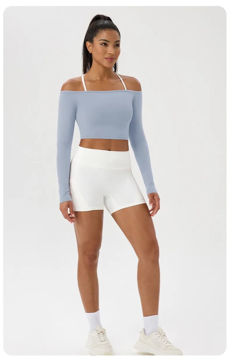 Women Sexy Off Shoulder Yoga Top Long Sleeve Gym Running Top Solid Quick-Dry Sport Workout Shirt - Chrissy's Eye