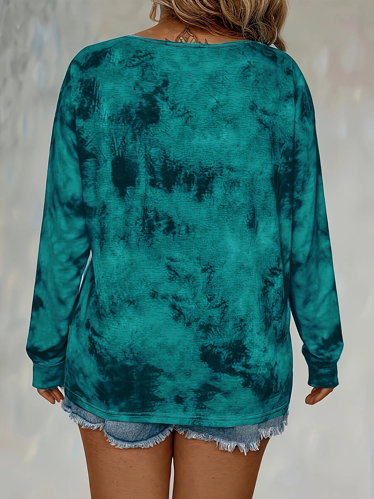 plus size women's tie dye printed long sleeved T-shirt made of polyester knitted fabric elegant lace up casual and comfortable - Chrissy's Eye