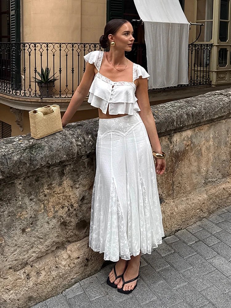 2026 Summer Fashion Square Neck Ruffled Crop Top & Long Pants 2-Piece Set Elegant Boho Resort Vacation Casual 2 Pcs Beach Outfit - Chrissy's Eye