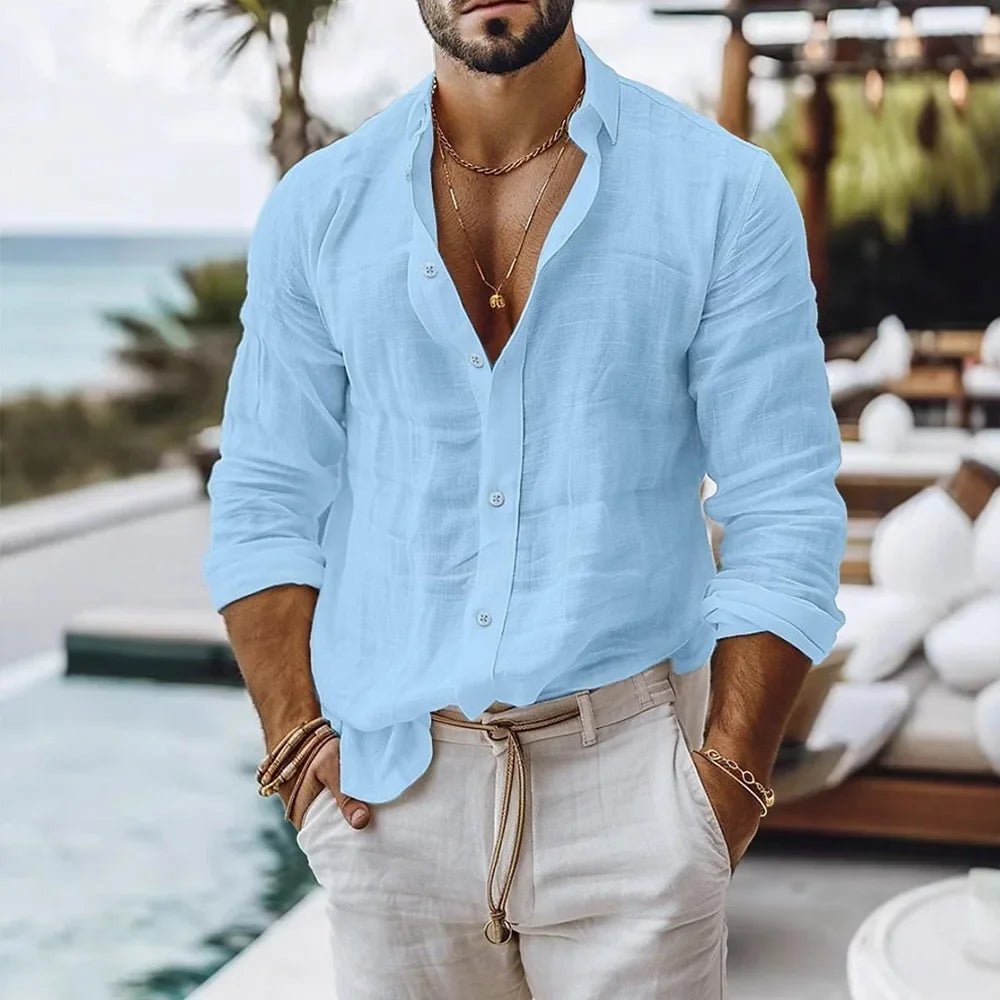 Cotton Linen Shirt for Men Summer Beach Style Solid Color Single Breasted Breathable Shirts Lightweight Stylish Button Tops - Chrissy's Eye