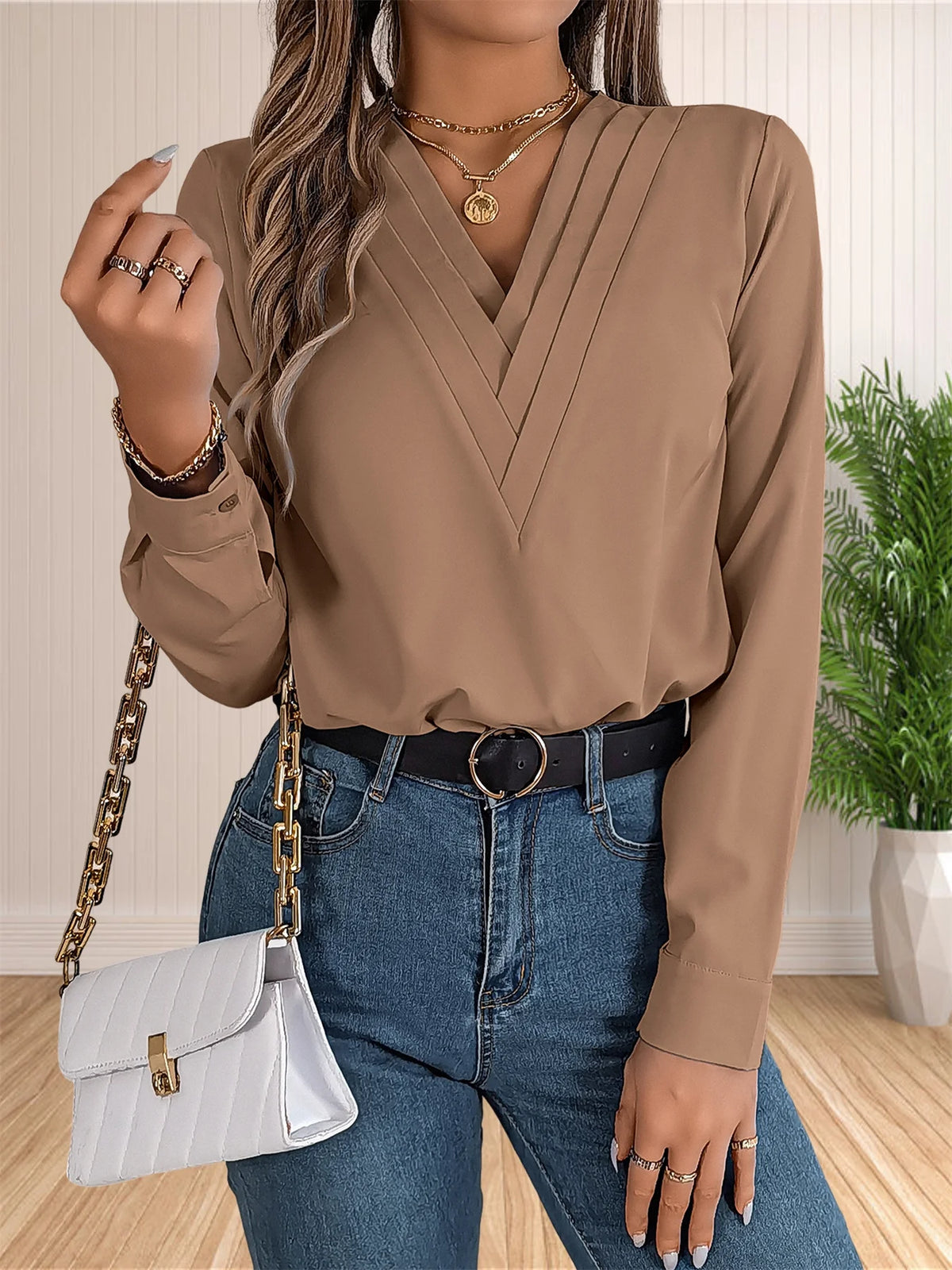 Women's Elegant Business Office Blouse Layered V Neck Long Sleeve Dressy Shirts Work Tops - Chrissy's Eye