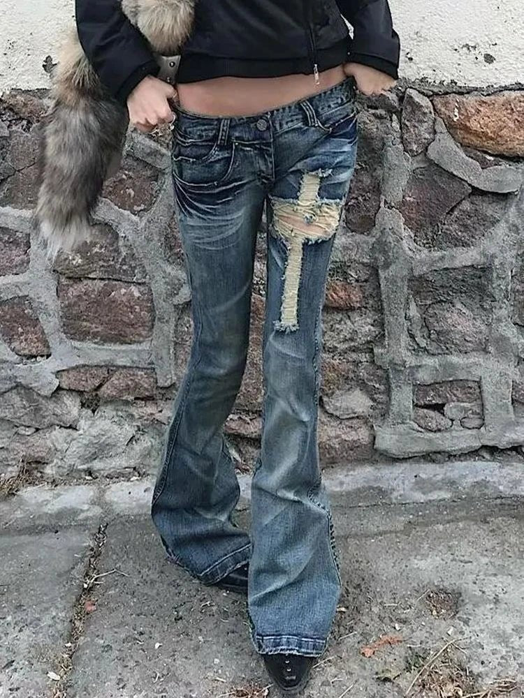 Y2k Aesthetic Women Zipper Denim Pant Spring High Waist Vintage Hollow Out Hole Harajuku Pants Streetwear Grunge Flared Trousers - Chrissy's Eye