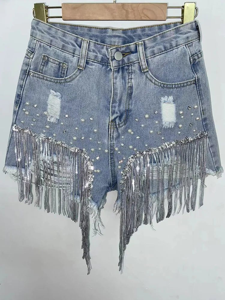 Summer Elegant Shorts Lady Tassel Beading High Waist Wide Leg Denim Shorts Female Casual Solid Shorts Jeans for Women Clothing - Chrissy's Eye