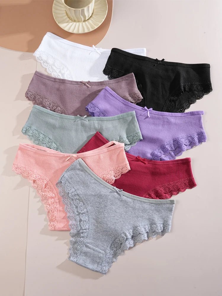 8PCS Women's Cotton Fabric Panties Sexy Lace Bowknot Solid Color Bikini Underpants Fashion Double Straps Comfortable Underwear - Chrissy's Eye