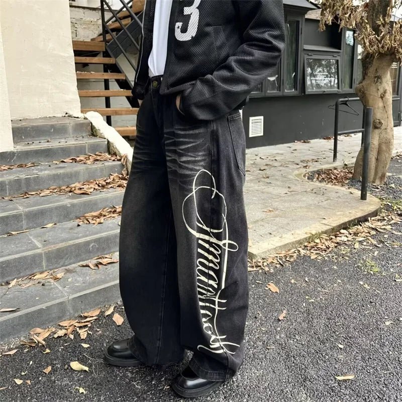 Autumn Men's Letter Printed Straight-Leg Baggy Jeans Hip Hop Fashion Washed Denim Pantalones American Retro Y2K Streetwear Jean - Chrissy's Eye