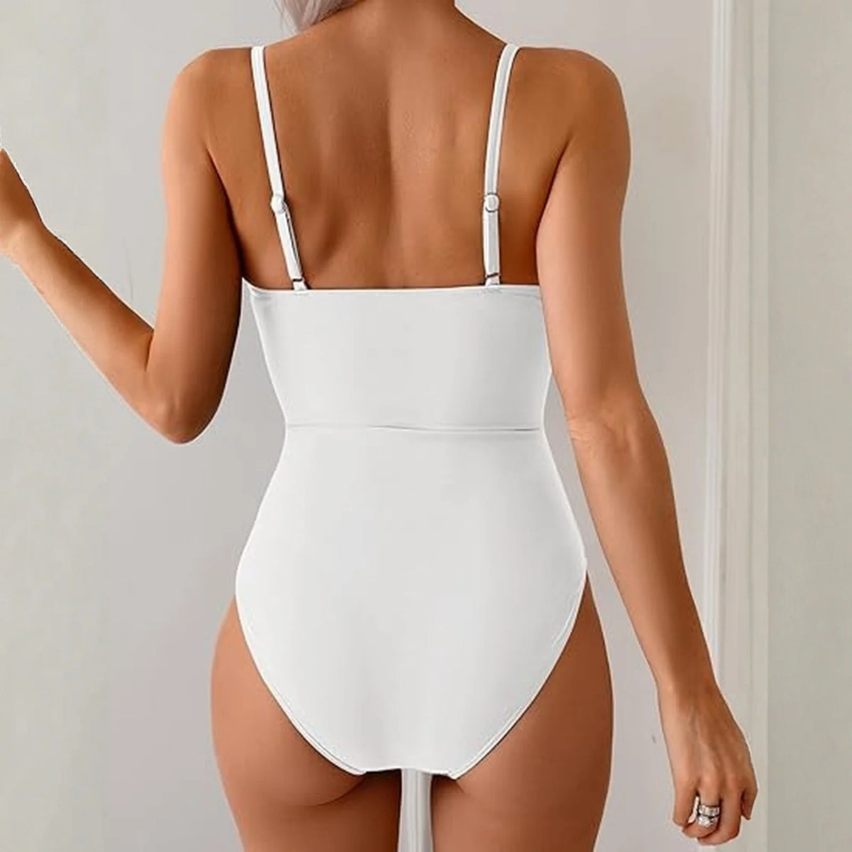Sexy Cutout Swimsuit Solid Color Summer Spaghetti Strap Color Block Ring Detail One Piece Beach High Cut Bathing Suit - Chrissy's Eye
