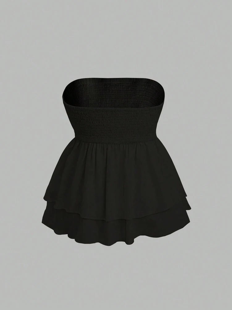 Plus Size Women's 2025 Summer New Sleeveless Tube Holiday Style Solid Color Double Layer Ruffle Swing Tube Women's Tops - Chrissy's Eye