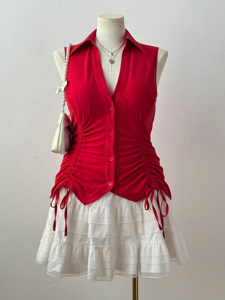 Plus Size Summer New Women's Big Size Music Festival Tie Bow Slim Slim Sleeveless Shirt Polyester Material - Chrissy's Eye